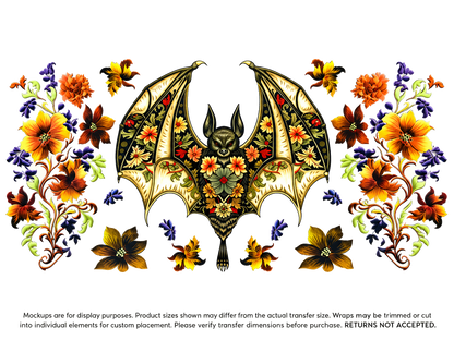 Floral Bat; flat UV DTF transfer design; transfer only