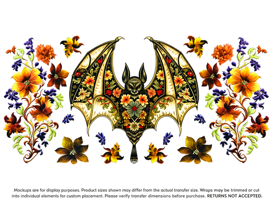 Floral Bat; flat UV DTF transfer design; transfer only