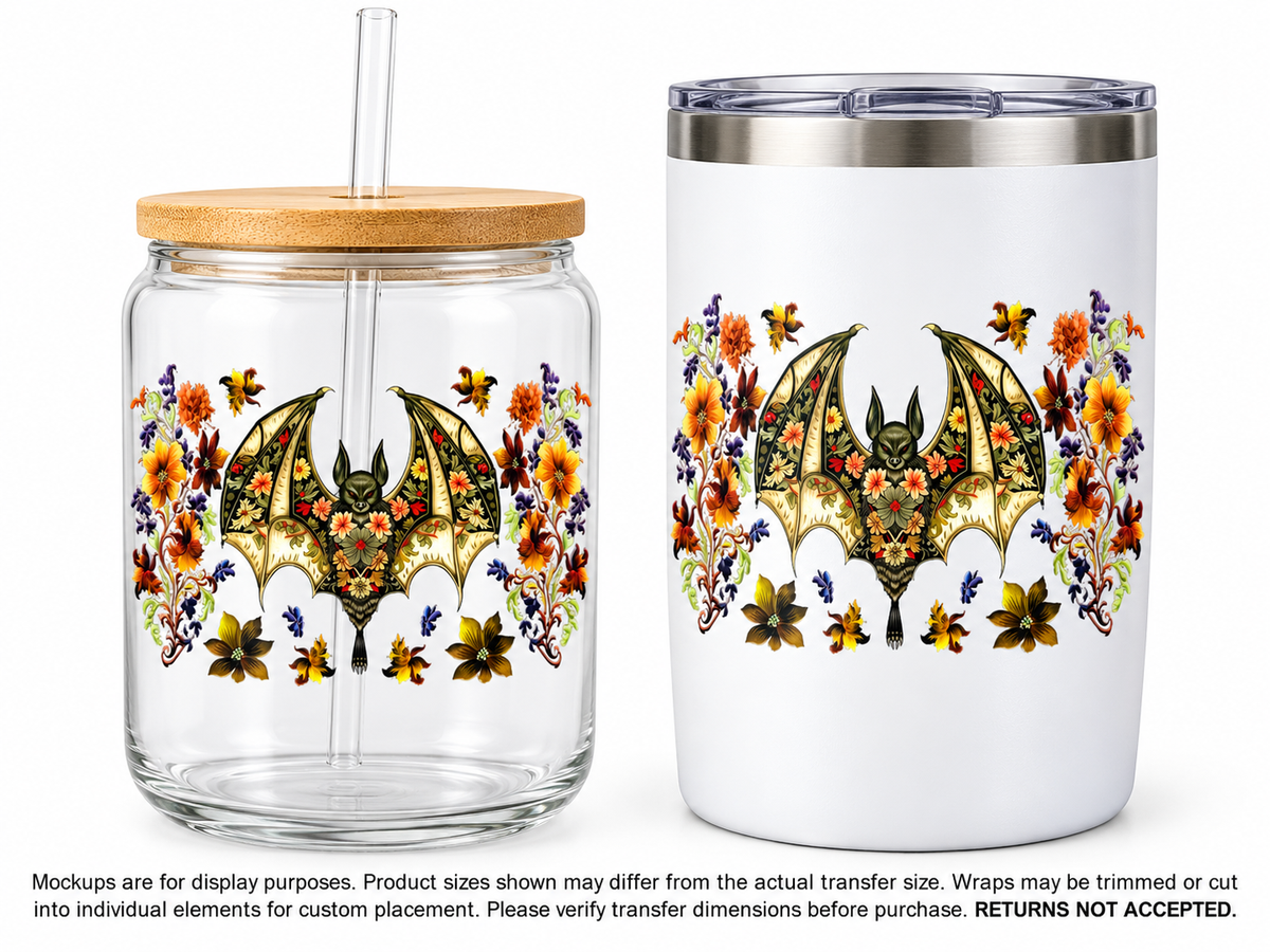 Floral Bat; drinkware display mockup; transfer only, display items not included