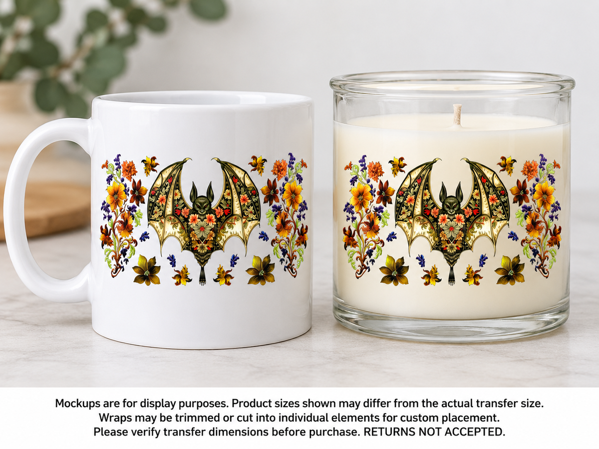 Floral Bat; drinkware display mockup; transfer only, display items not included