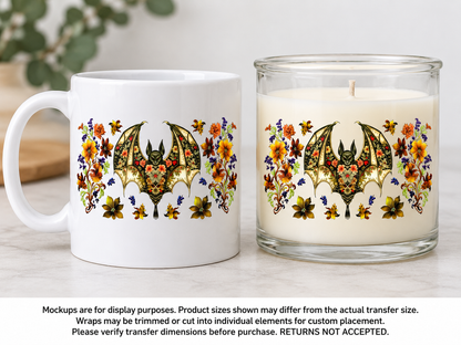 Floral Bat; drinkware display mockup; transfer only, display items not included