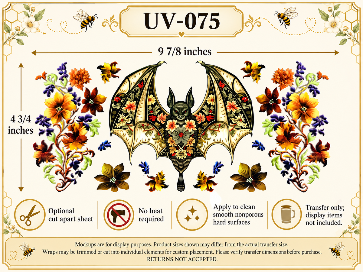 Floral Bat; full clear carrier size and no-heat application guide; transfer only