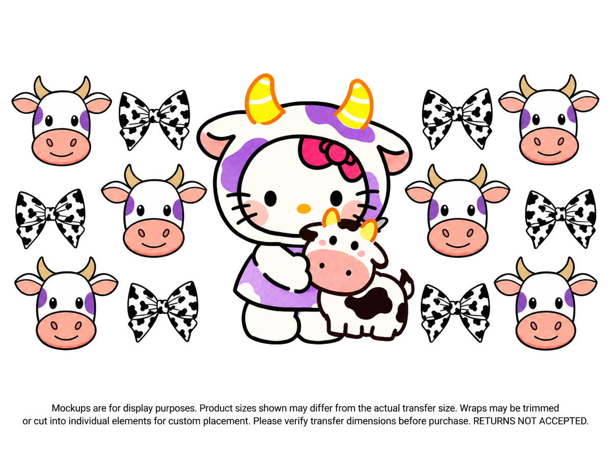 Hello Kitty Cow Costume and Bows; flat UV DTF transfer design; transfer only