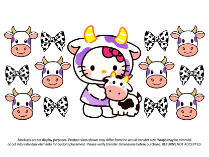 Hello Kitty Cow Costume and Bows; flat UV DTF transfer design; transfer only