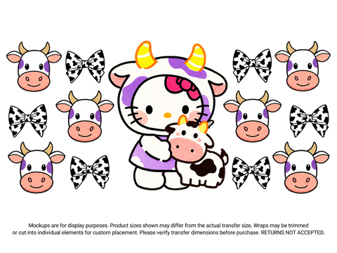 Hello Kitty Cow Costume and Bows UV DTF Cup Wrap Transfer — Optional Cut-Apart Sheet