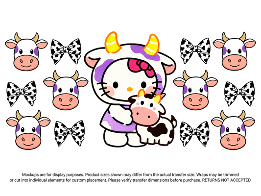 Hello Kitty Cow Costume and Bows; flat UV DTF transfer design; transfer only