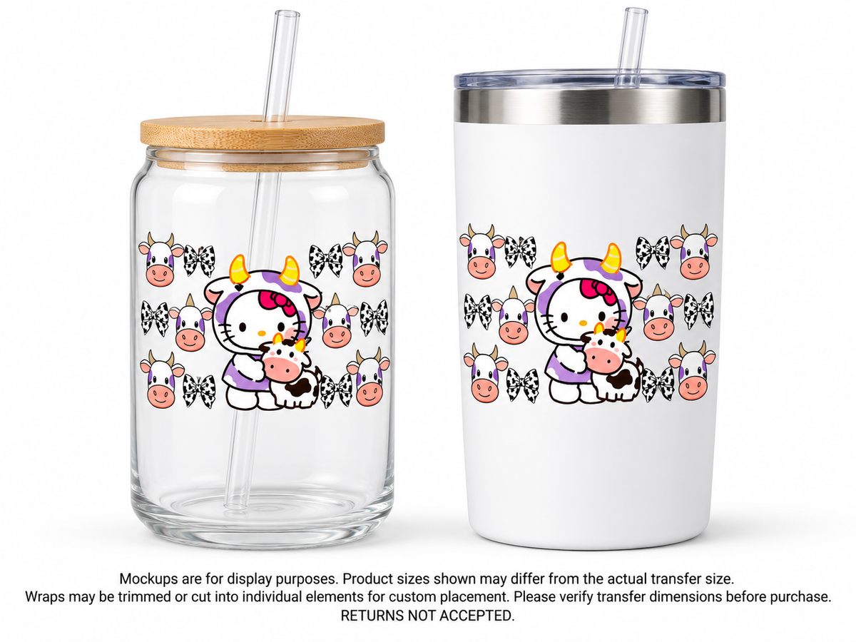 Hello Kitty Cow Costume and Bows; drinkware display mockup; transfer only, display items not included