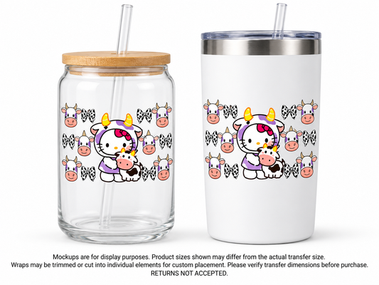 Hello Kitty Cow Costume and Bows; drinkware display mockup; transfer only, display items not included