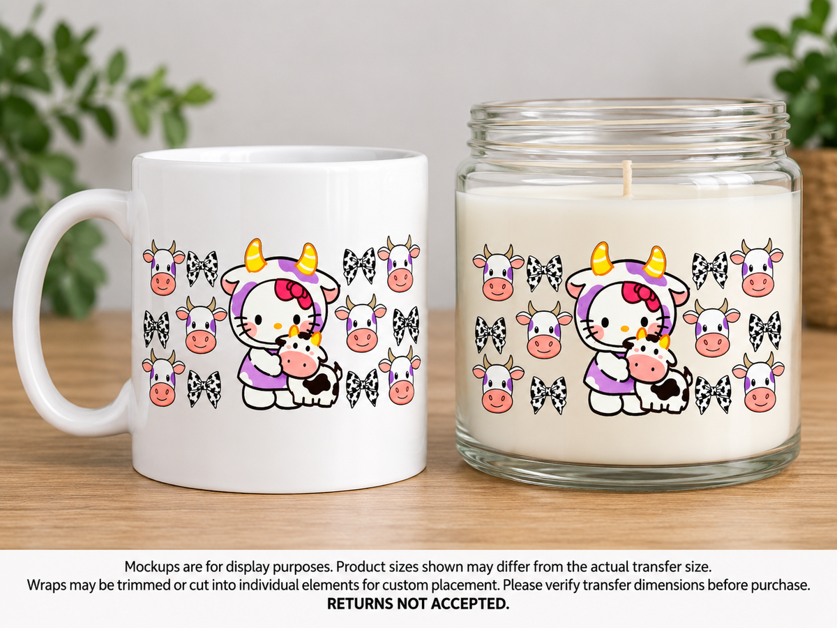 Hello Kitty Cow Costume and Bows; drinkware display mockup; transfer only, display items not included