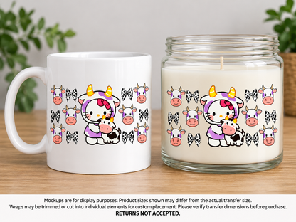 Hello Kitty Cow Costume and Bows; drinkware display mockup; transfer only, display items not included