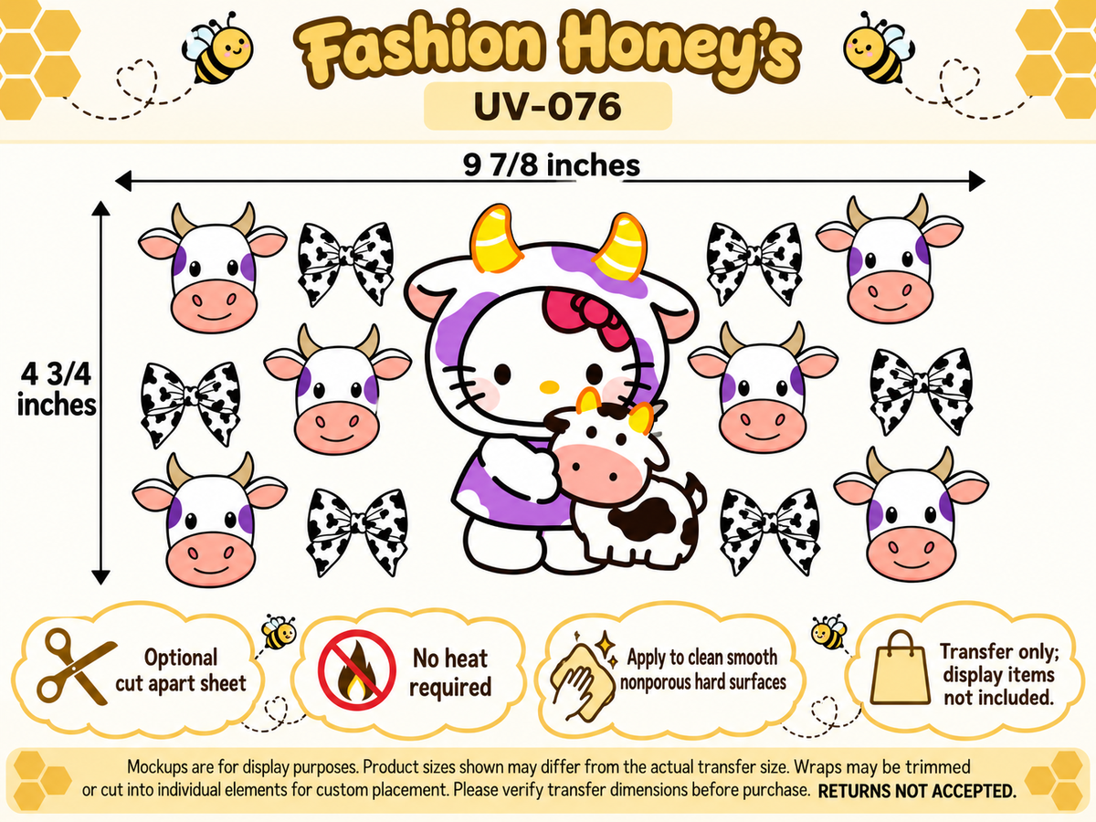 Hello Kitty Cow Costume and Bows; full clear carrier size and no-heat application guide; transfer only