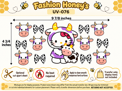Hello Kitty Cow Costume and Bows; full clear carrier size and no-heat application guide; transfer only
