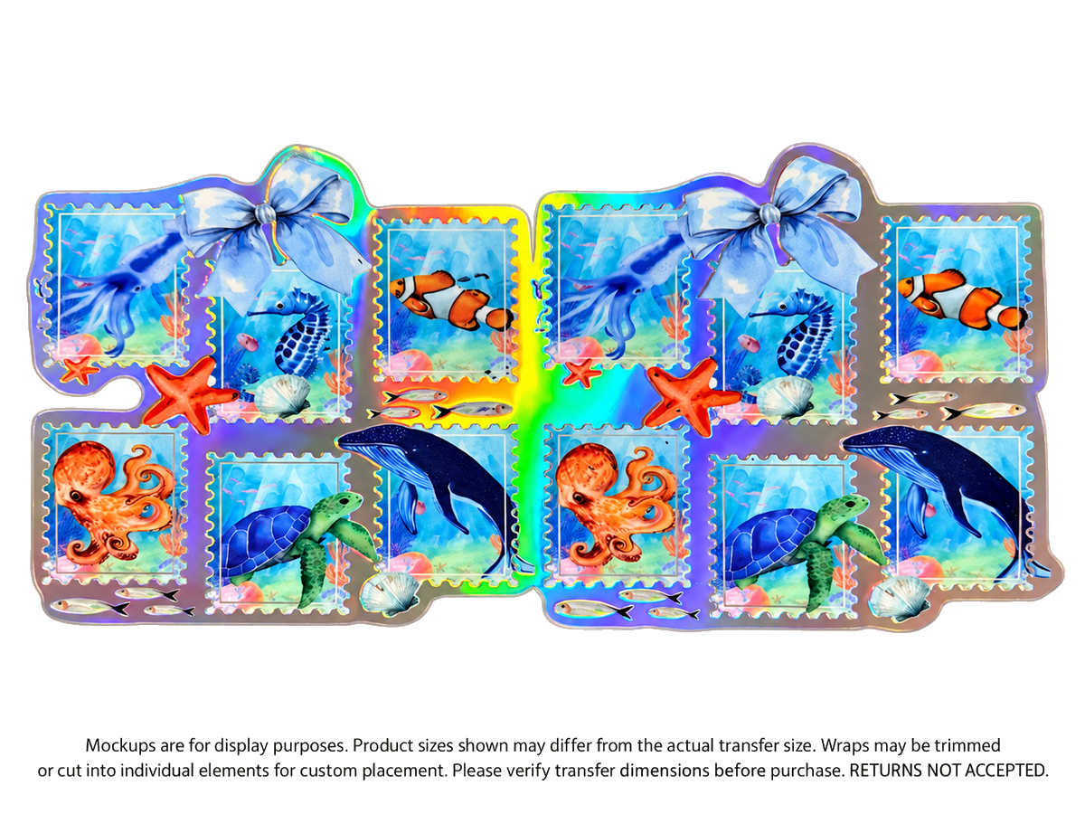 Ocean Postage Stamps Holographic; flat UV DTF transfer design; transfer only