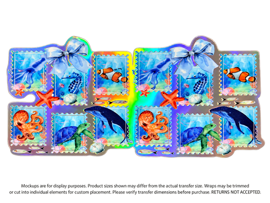 Ocean Postage Stamps Holographic; flat UV DTF transfer design; transfer only