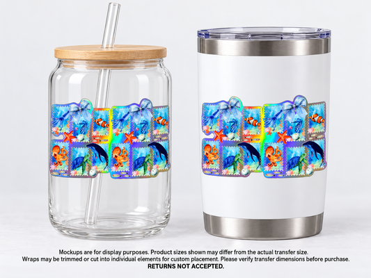 Ocean Postage Stamps Holographic; drinkware display mockup; transfer only, display items not included