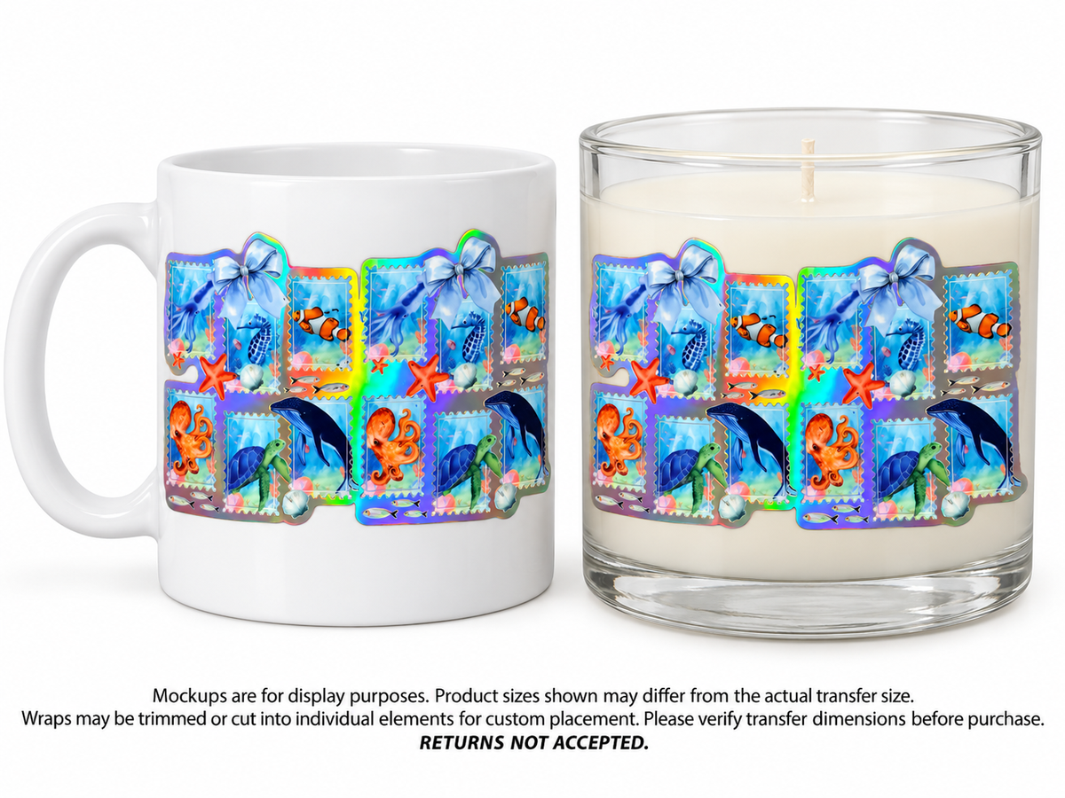 Ocean Postage Stamps Holographic; drinkware display mockup; transfer only, display items not included