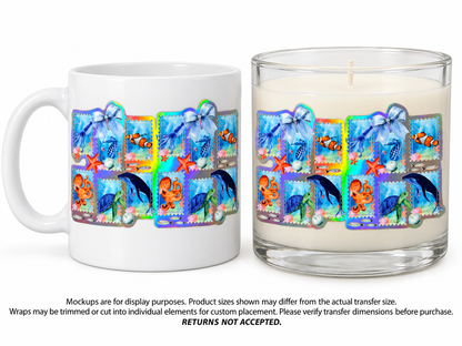Ocean Postage Stamps Holographic; drinkware display mockup; transfer only, display items not included