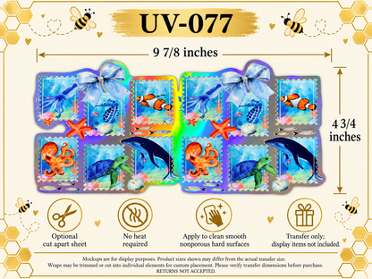 Ocean Postage Stamps Holographic; full clear carrier size and no-heat application guide; transfer only