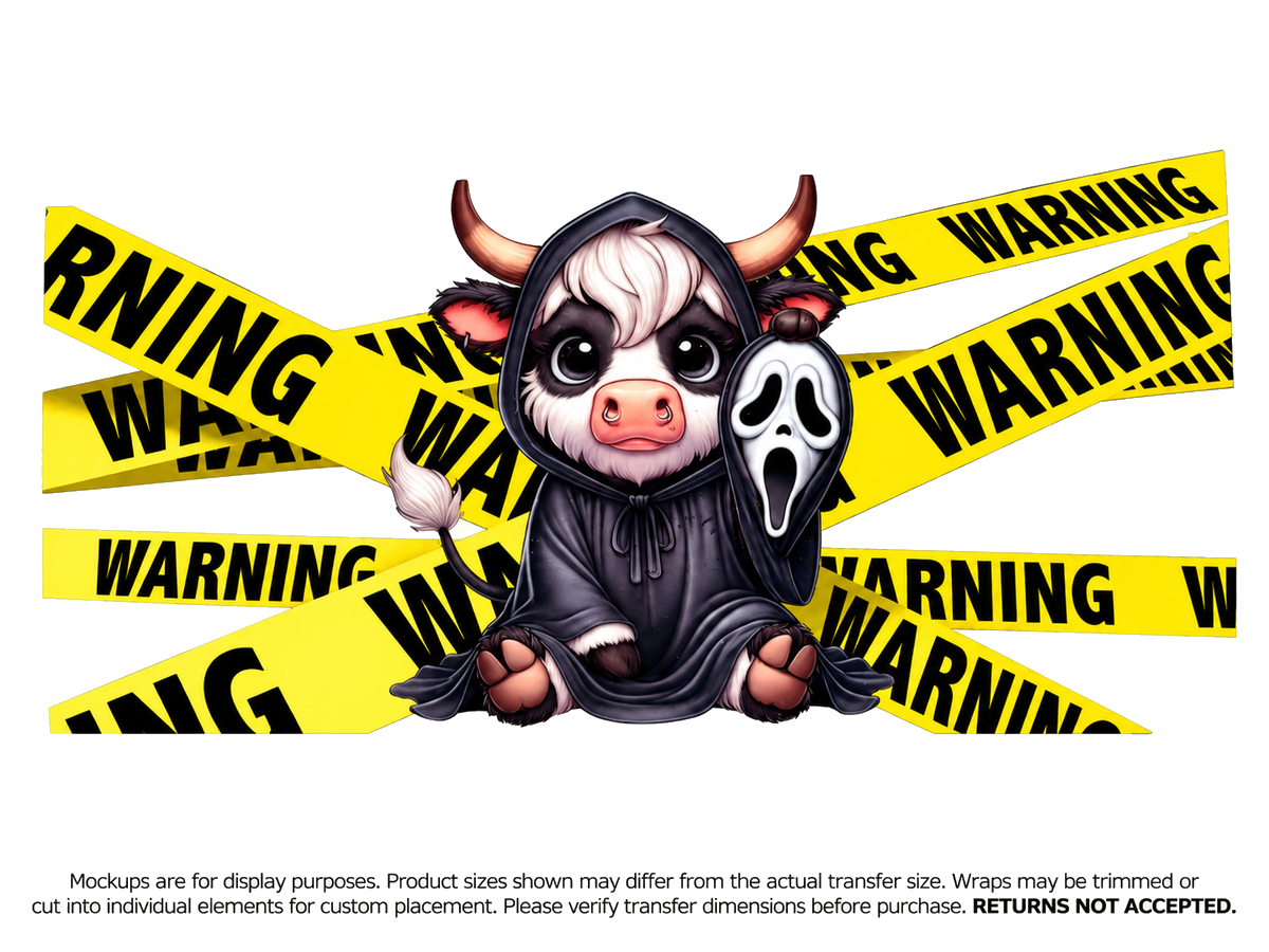 Hooded Cow Warning; flat UV DTF transfer design; transfer only