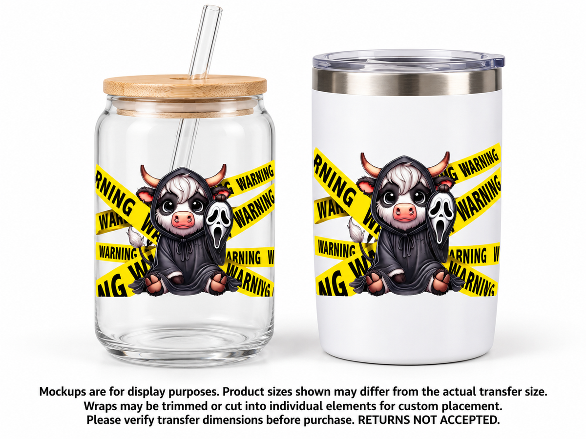 Hooded Cow Warning; drinkware display mockup; transfer only, display items not included