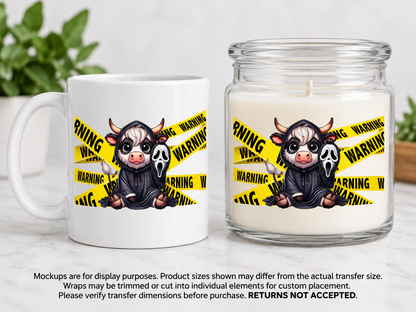 Hooded Cow Warning; drinkware display mockup; transfer only, display items not included