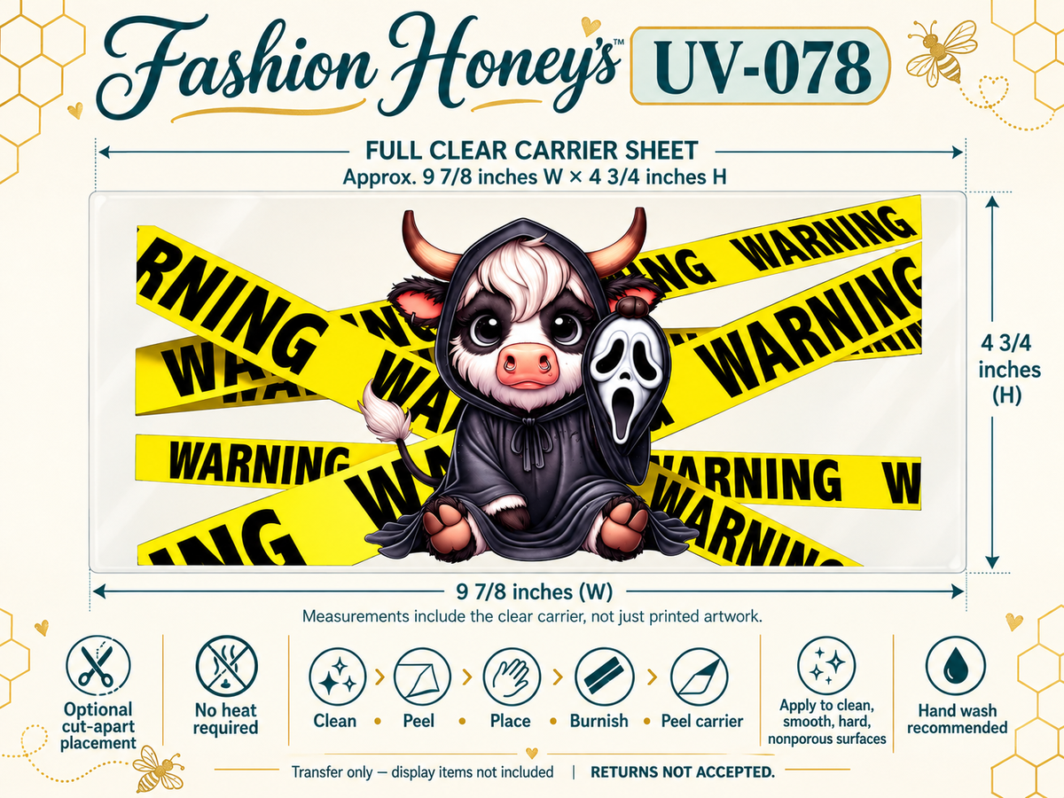 Hooded Cow Warning; full clear carrier size and no-heat application guide; transfer only