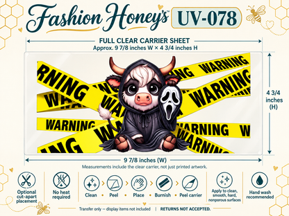 Hooded Cow Warning; full clear carrier size and no-heat application guide; transfer only