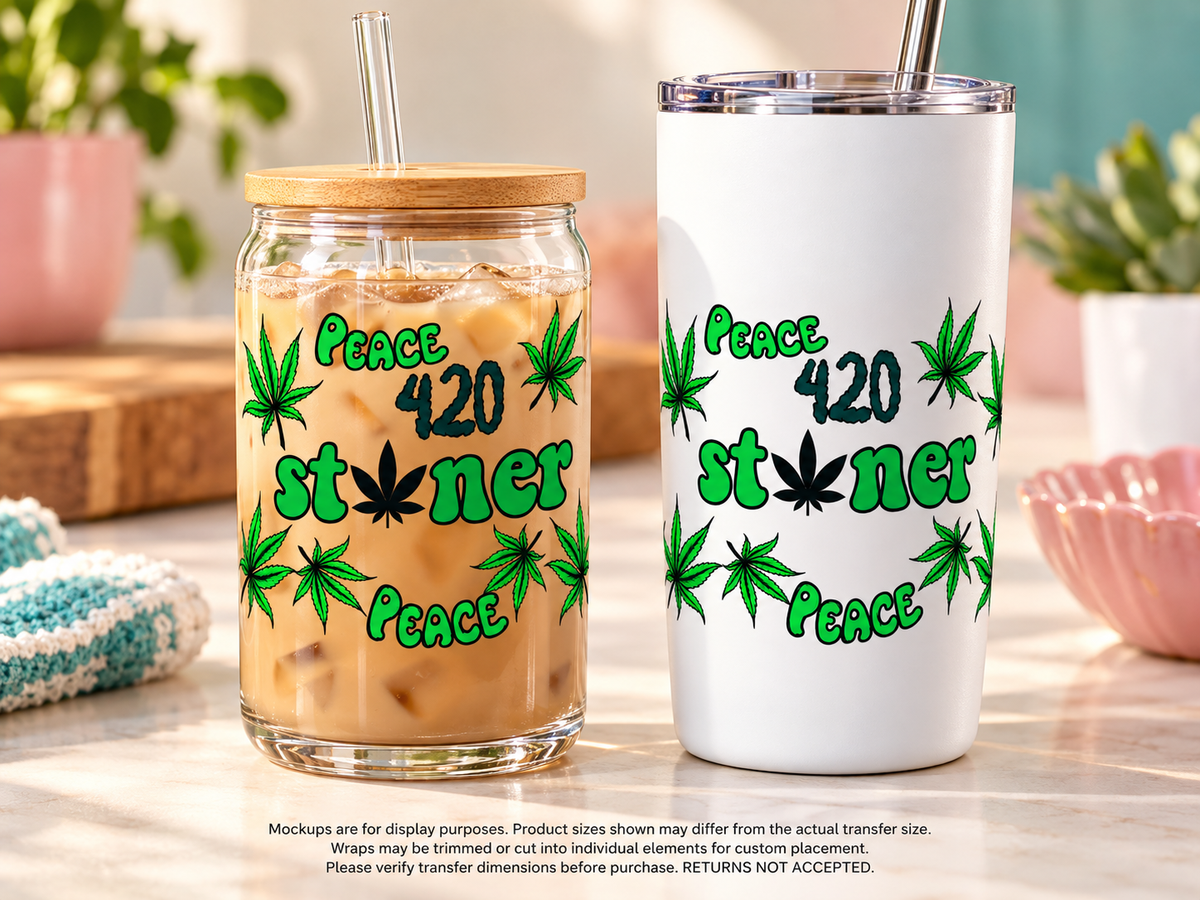Peace 420 Stoner; drinkware display mockup; transfer only, display items not included