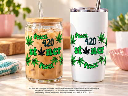 Peace 420 Stoner; drinkware display mockup; transfer only, display items not included