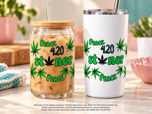 Peace 420 Stoner; drinkware display mockup; transfer only, display items not included