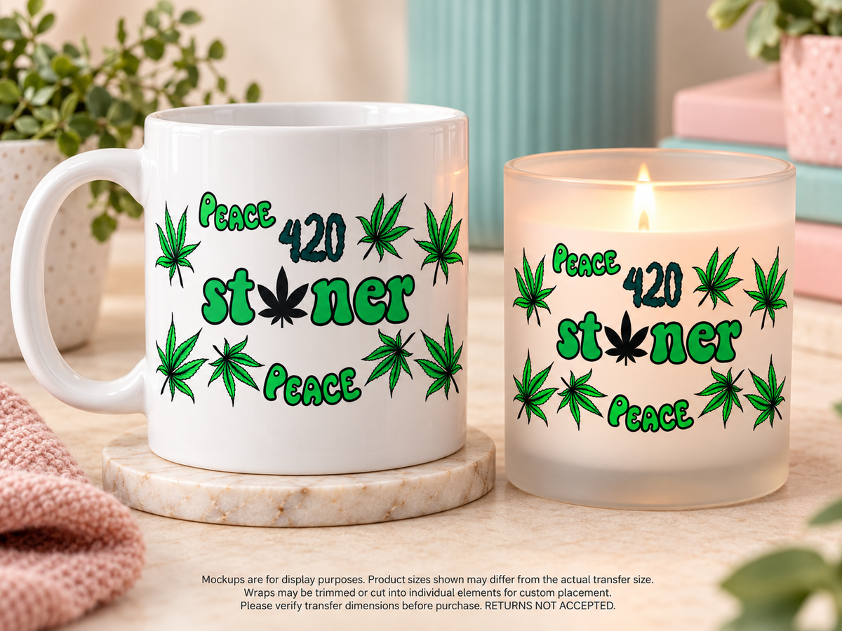 Peace 420 Stoner; drinkware display mockup; transfer only, display items not included