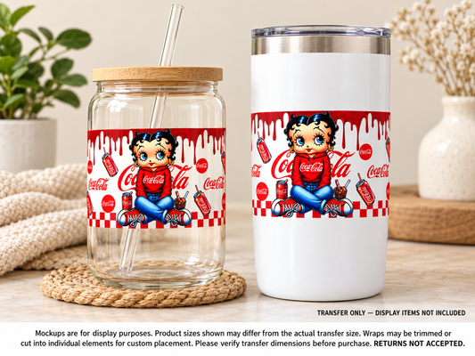 Betty Boop Coca-Cola; drinkware display mockup; transfer only, display items not included