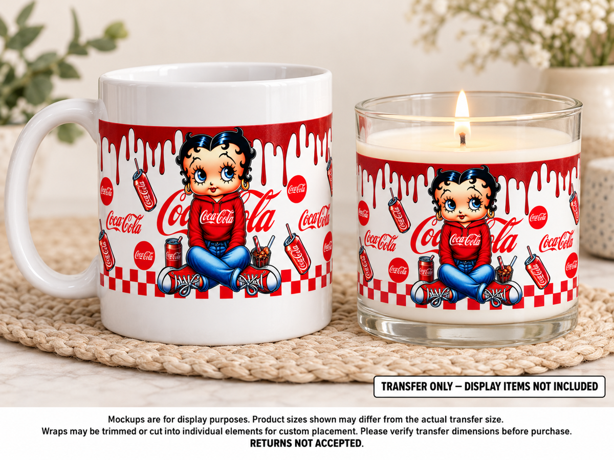 Betty Boop Coca-Cola; drinkware display mockup; transfer only, display items not included
