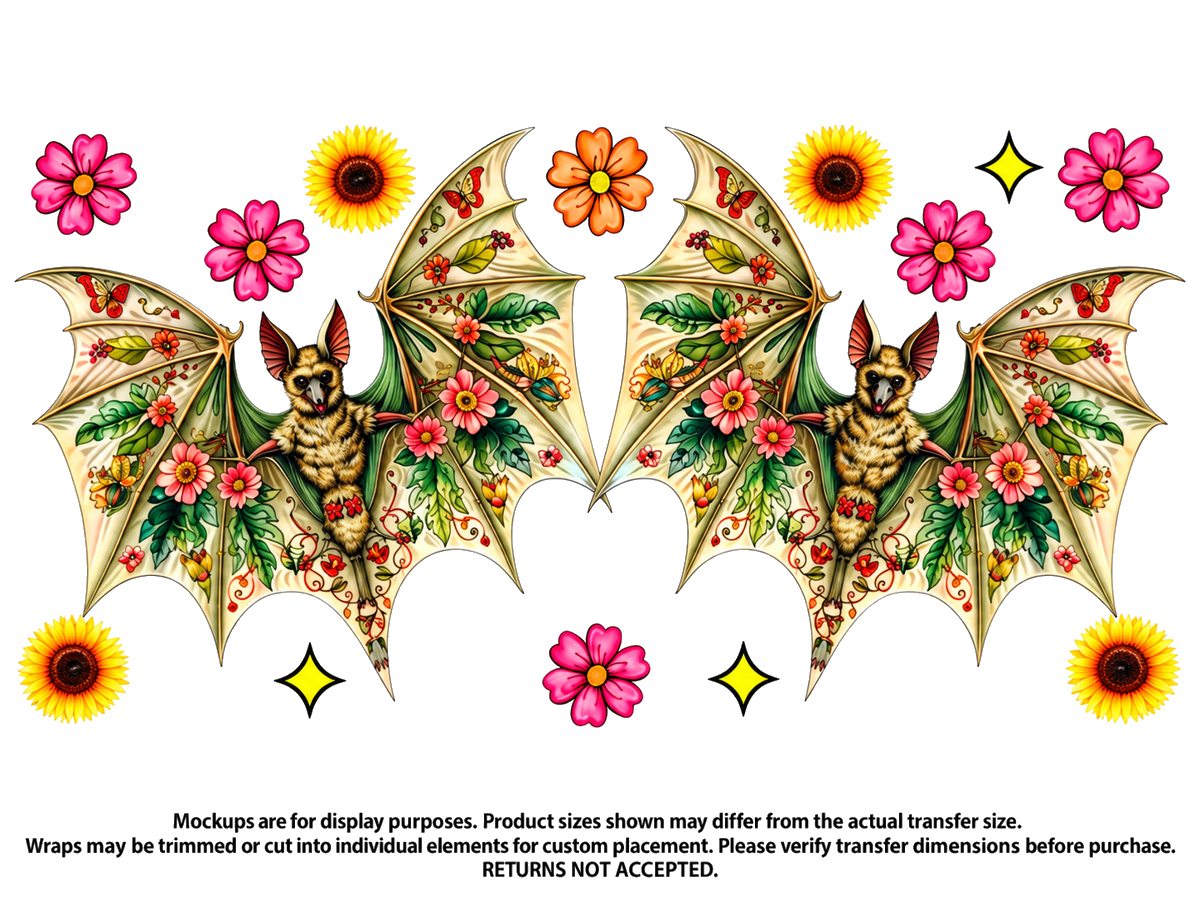 Two Bats and Flowers; flat UV DTF transfer design; transfer only
