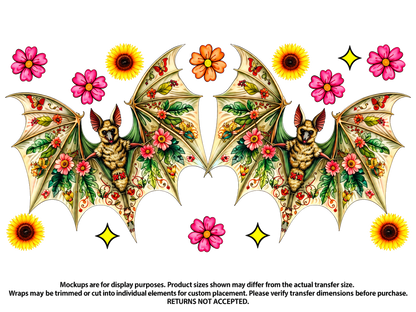 Two Bats and Flowers; flat UV DTF transfer design; transfer only