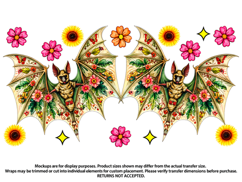 Two Bats and Flowers UV DTF Cup Wrap Transfer — Optional Cut-Apart Sheet