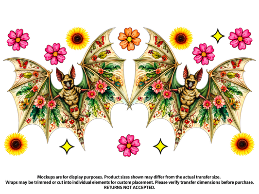 Two Bats and Flowers; flat UV DTF transfer design; transfer only