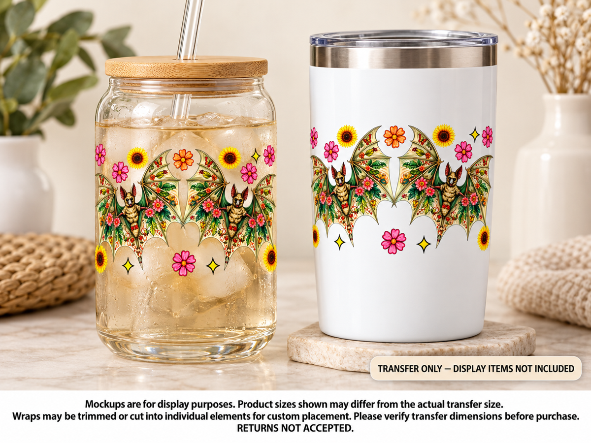 Two Bats and Flowers; drinkware display mockup; transfer only, display items not included