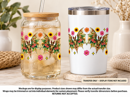 Two Bats and Flowers; drinkware display mockup; transfer only, display items not included