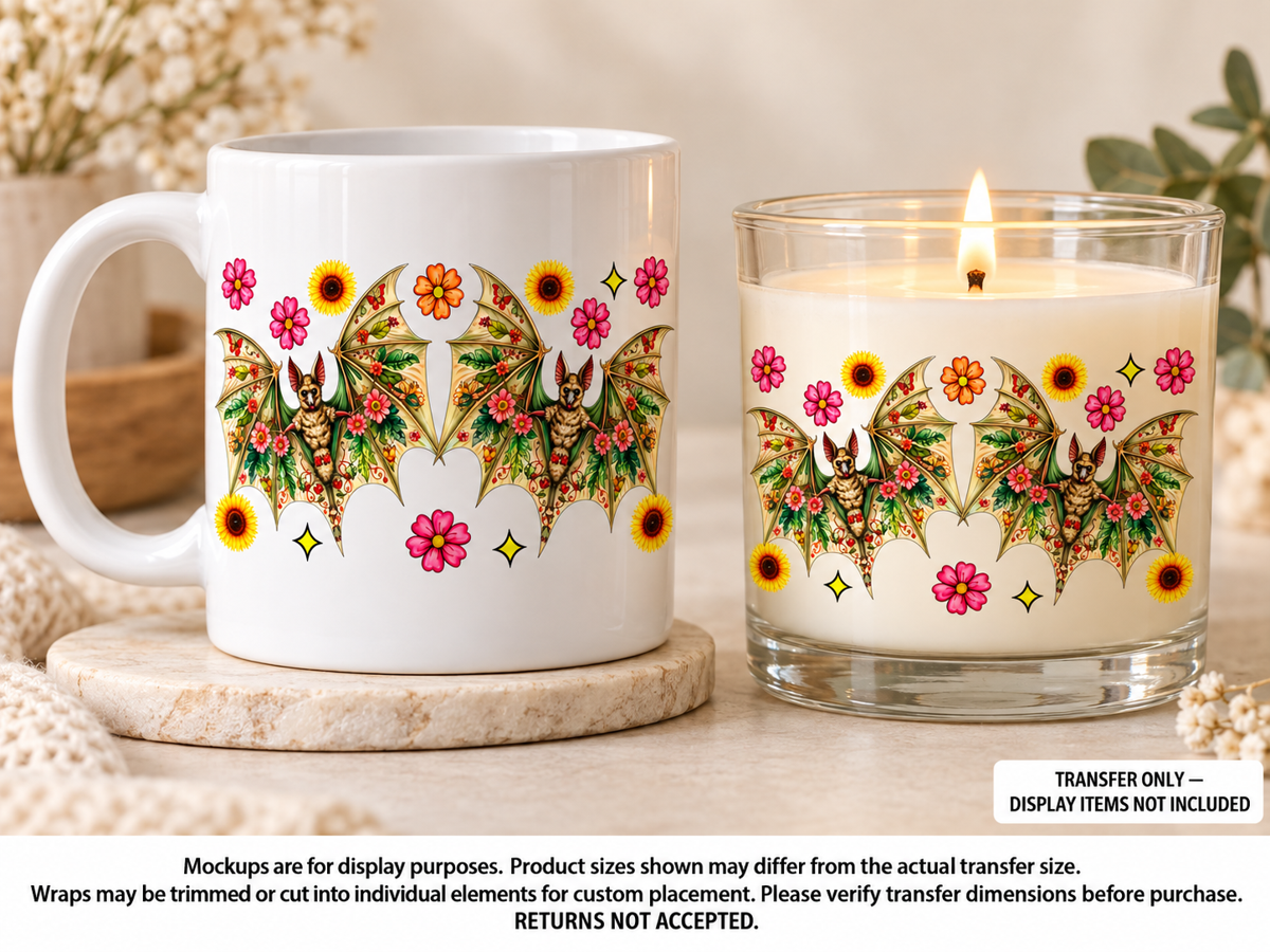 Two Bats and Flowers; drinkware display mockup; transfer only, display items not included