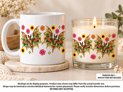 Two Bats and Flowers; drinkware display mockup; transfer only, display items not included