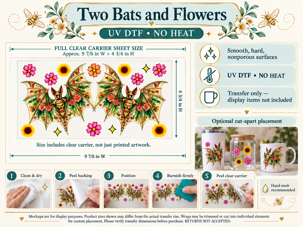 Two Bats and Flowers; full clear carrier size and no-heat application guide; transfer only