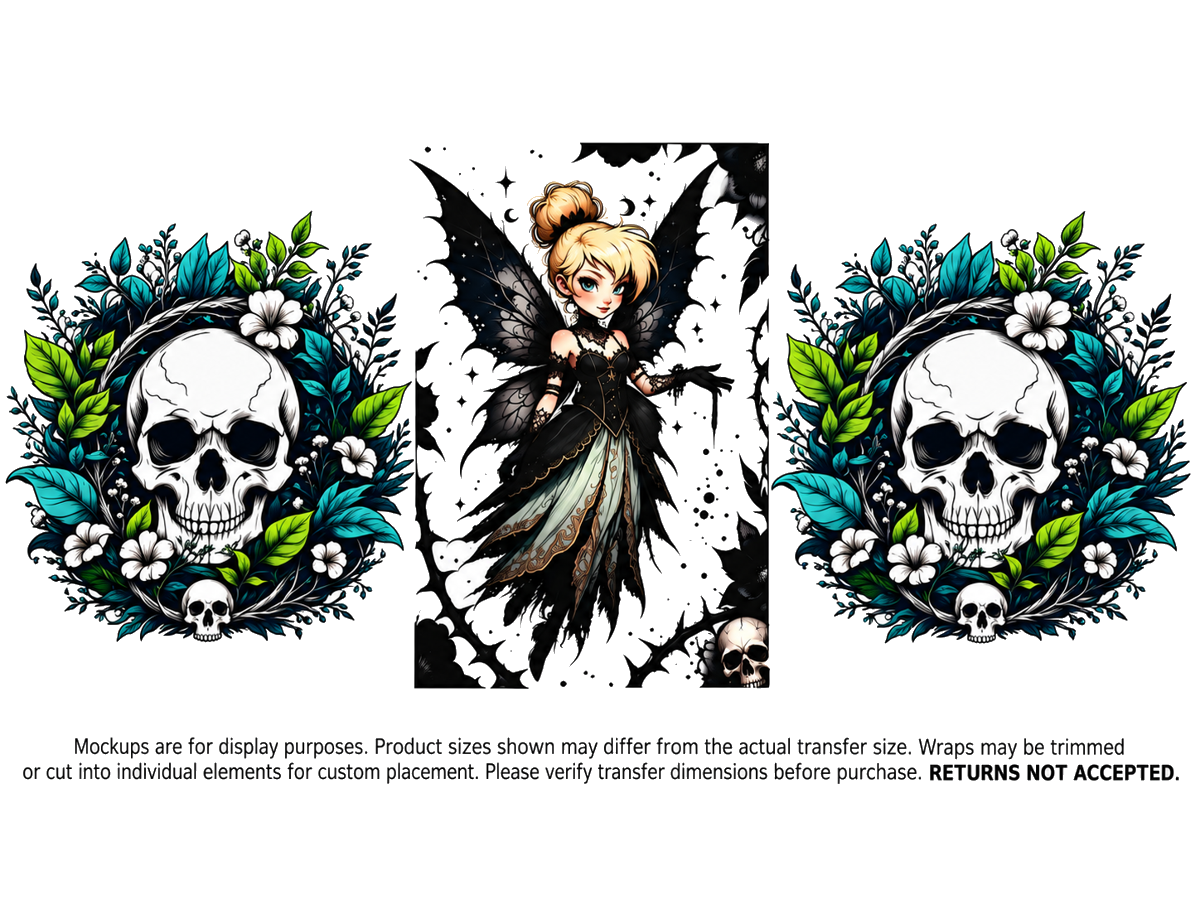 Skull Wreath Fairy; flat UV DTF transfer design; transfer only