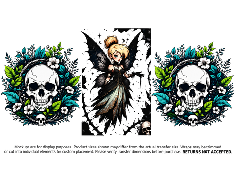 Skull Wreath Fairy UV DTF Cup Wrap Transfer — Optional Cut-Apart Sheet