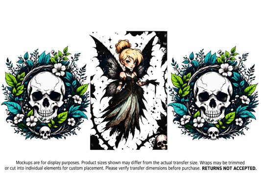 Skull Wreath Fairy; flat UV DTF transfer design; transfer only