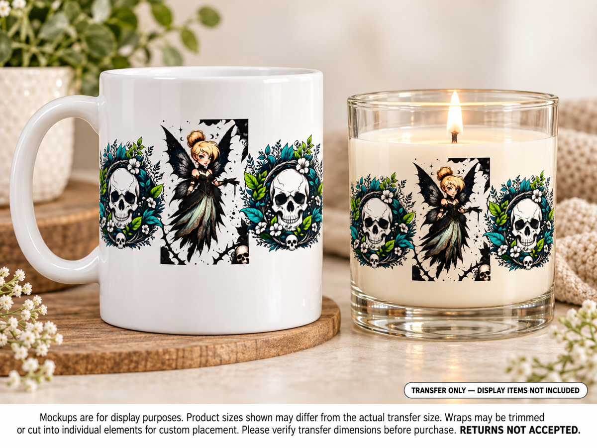 Skull Wreath Fairy UV DTF transfer shown on a mug and candle jar; display items not included.