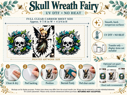 Skull Wreath Fairy; full clear carrier size and no-heat application guide; transfer only