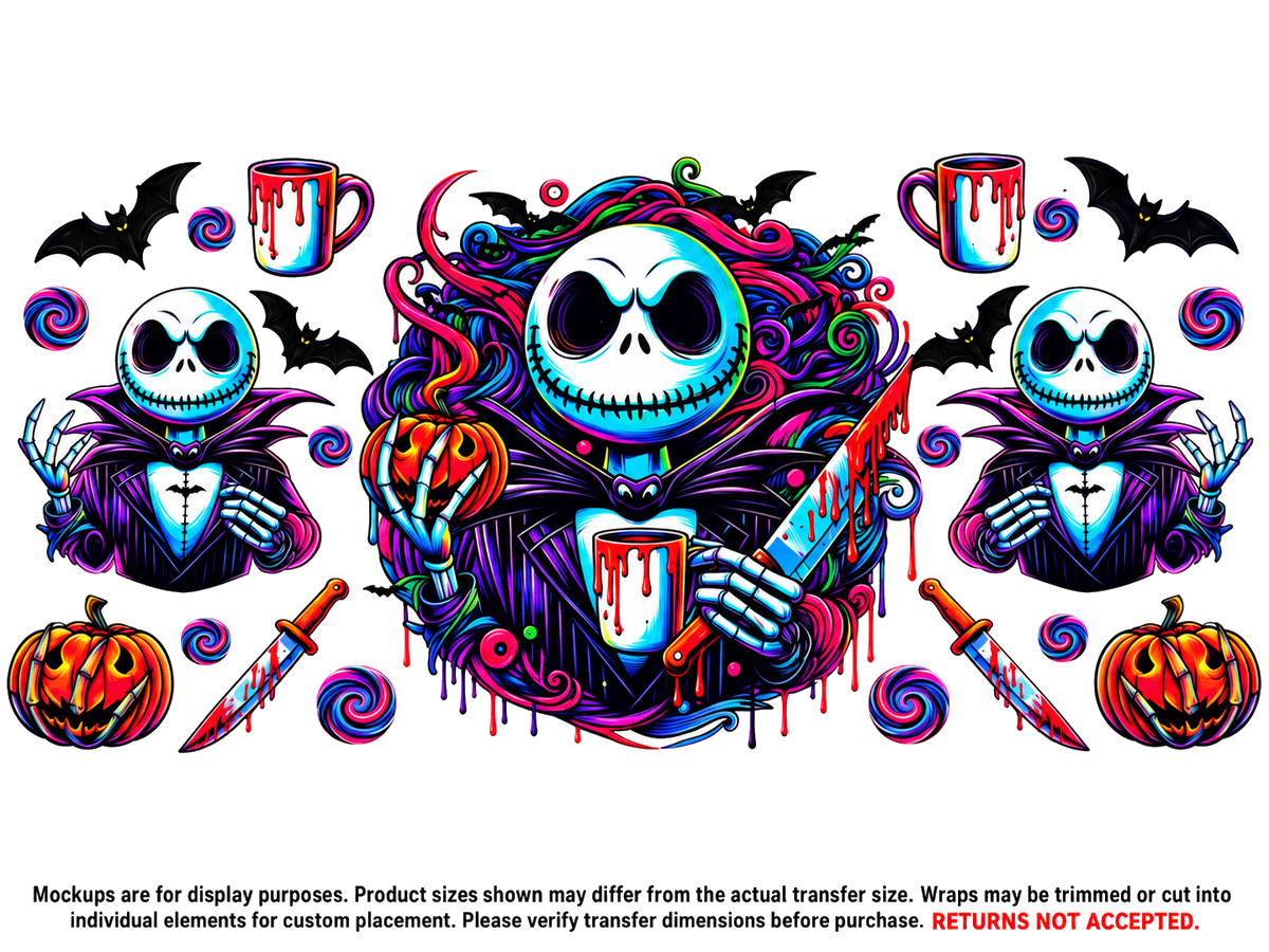 Jack Skellington Neon Halloween UV DTF transfer, full flat design on white background