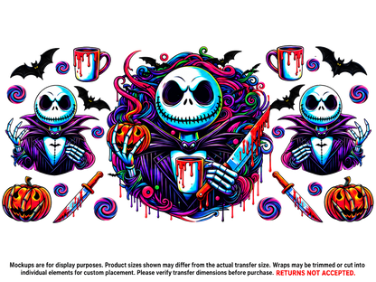 Jack Skellington Neon Halloween UV DTF transfer, full flat design on white background