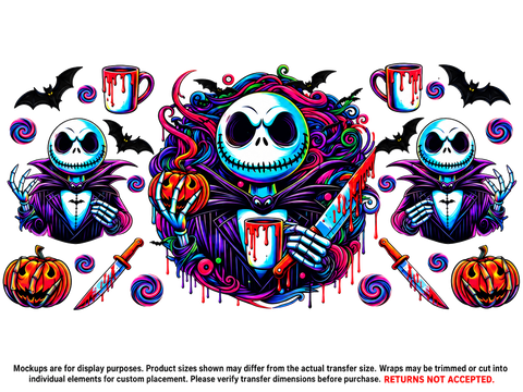 Jack Skellington Neon Halloween UV DTF Cup Wrap Transfer — Optional Cut-Apart Sheet